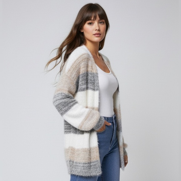 Color Block Drop Shoulder Open Front Fluffy Knit Cardigan - Picture 3 of 7